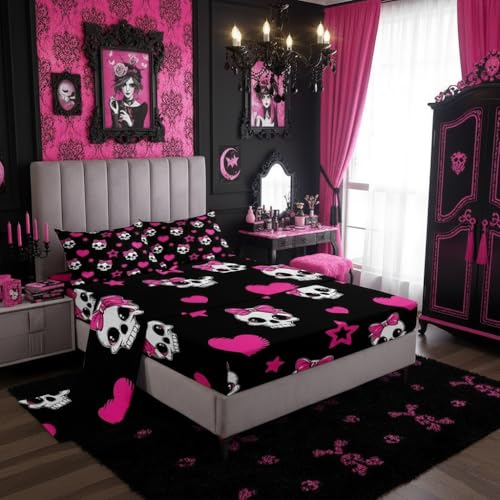 Castle Fairy Cartoon Skull Bed Sheet Queen Set,Halloween Theme Cute Skeletons Sheets Sets Boys Girls Bedroom Decor,Pink Hearts Stars Bow Black Bedding Set with Flat,Fitted Sheet,2 Pillow Cases