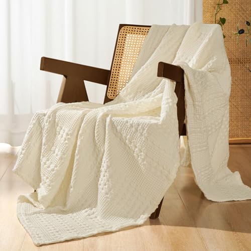 "PHF 100% Cotton Waffle Weave Throw Blanket, Soft Lightweight Breathable Cozy Throws for Couch Bed Sofa, Luxury Aesthetic Christmas Blanket Gift for Home Decor & Office, 50""x60"", Cannoli Cream"