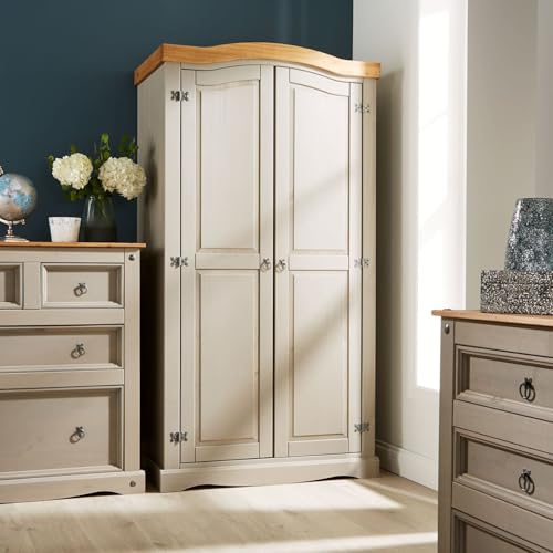 Home Source Solid Pine Wood, 2 Door Wardrobe, Space-saving Design with Hanging Rail and Shelf, Grey