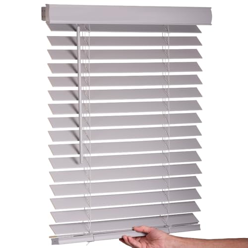 "LOTUS & WINDOWARE Cordless Faux Wood Blinds, 34"" Wide x 96"" Long,Smooth,Light Gray, 2 Inch Horizontal Blinds ??? for Living Room, Bedroom, Interior Door Windows"