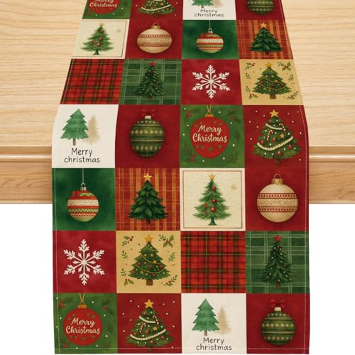 Christmas Table Runner, Merry Christmas Trees Snowflakes Runner Seasonal Winter Xmas New Year Holiday Home Party Decor Dining Table Decorations 13x72 Inch