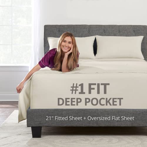 Extra Deep Pocket King Bed-Sheets – 4-Piece Includes: 18”-21” Inch Super Extra Deep Pocket Fitted Sheet – Oversize Flat Sheet – 2 Zipper Closure Pillowcases – Perfectly Fit – King Size – Beige Cream