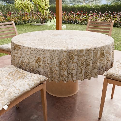 PETTI Artigiani Italiani - Anti-Stain Round Microfibre Tablecloth (Diameter 120 cm), Kitchen Table Cover for Round Table, Vietri 02 Design Taupe, 100% Made in Italy