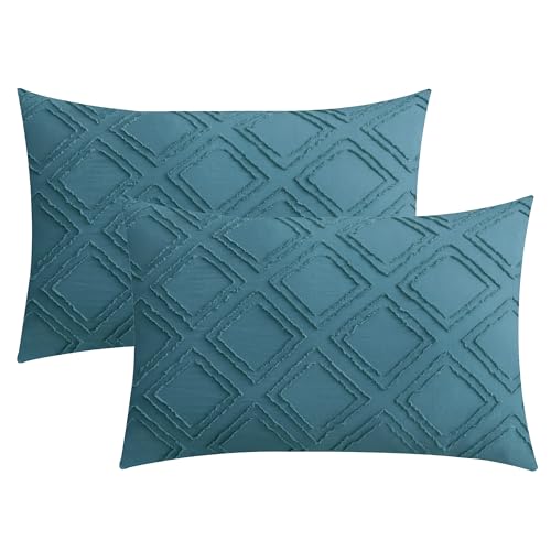 JELLYMONI Pillowcases Standard Size Grayish Blue 2 Pack Boho Plaid Bed Pillow Covers 20x26in Polyester Envelope Pillow Shams Tufted Bohemian Textured (Pillows are not Included)