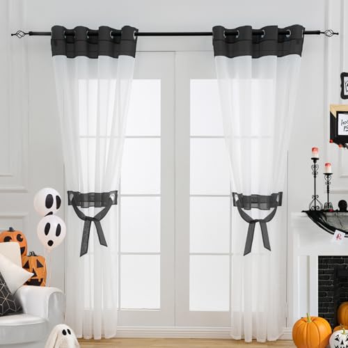 L.Z.E White and Black Sheer Curtains 63 Inch Length 2 Panels for Living Room, Transparent Elegant Modern Sheer Curtains for Dining Room Bedroom,Grommet Small Window Curtain with Design