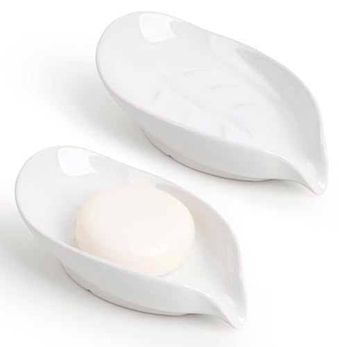 Soap Dish 2PCS, Self-Draining Bar Soap Holder, Leaf Shape Ceramic Drain Soap Dishes for Bathroom Kitchen, Easy to Clean Keeps Soap Dry, White, ANTIS'S HOME