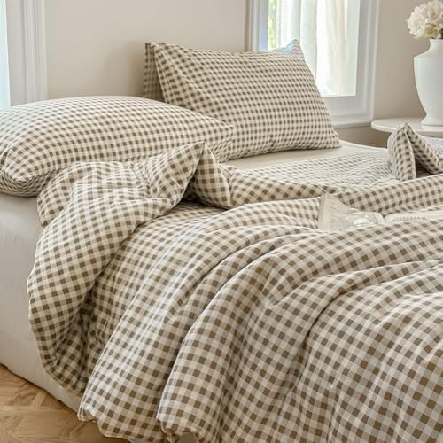 NSNLGSGC 100% Cotton Tan Gingham Plaid Comforter Set - 100% Washed Cotton, Taupe Plaid Checked, 3 Pieces, Vintage Farmhouse Grid Bedding