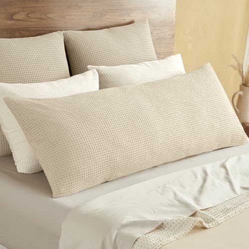 "PHF 100% Cotton Waffle Body Pillowcase with Zipper, 1 Pack 20"" x 54"" Soft Skin-Friendly and Breathable Pillow Sham, No Filling, Aesthetic Woven Waffle Weave Body Pillow Cover for Bed, Linen"