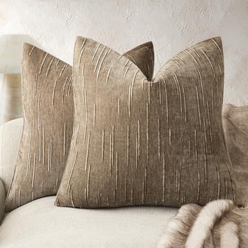 Foindtower Pack of 2 Slubby Textured Chenille Throw Decorative Pillow Covers Square Accent Solid Cushion Cover Cozy Neutral Farmhouse Pillow Case for Couch Sofa Bedroom Living Room 18x18 Inch,Brown