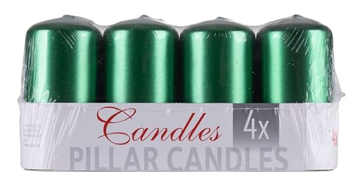 Donau Home Set of Candle Pillar Standard Varnish/Paraffin Candle / 50 x 100 mm / 4 Pieces/Green Metallic Gloss/Table Candles for Decoration/Decorative Candles