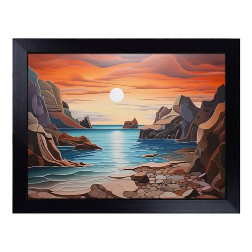 Lap Tray with Bean Bag Cushion, Seascape Hard Edge - Handmade in the UK, Raised Wooden Edge, Padded Cushion, Heat-Resistant Wipe-Clean Surface, for Meals, Laptops and Crafts