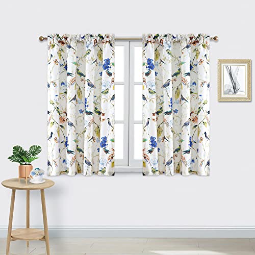 VOGOL Small Window Curtains, 45 Inch Length Decorative Drapes, 2 Panels Set Birds & Flowers Pattern Window Treatment for Kitchen Home Office Balcony, Hang in Rod Pocket, 42x45, Blue