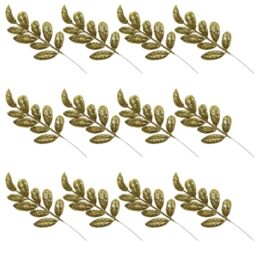 Gold Glitter Christmas Tree Picks Sprays, 35cm Artificial Leaf Stems, 12Pcs