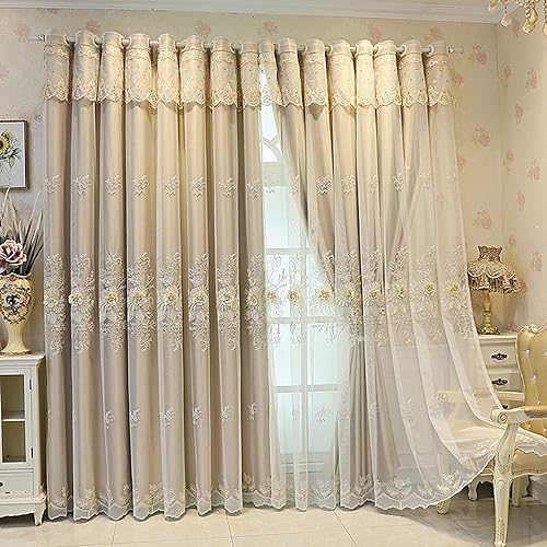 Amidoudou 1 Pair Luxury European Curtains with Valance for Living Room Bedroom Double Layer Embroidered Room Darkening Curtains (Light Brown,51x84 Inch)