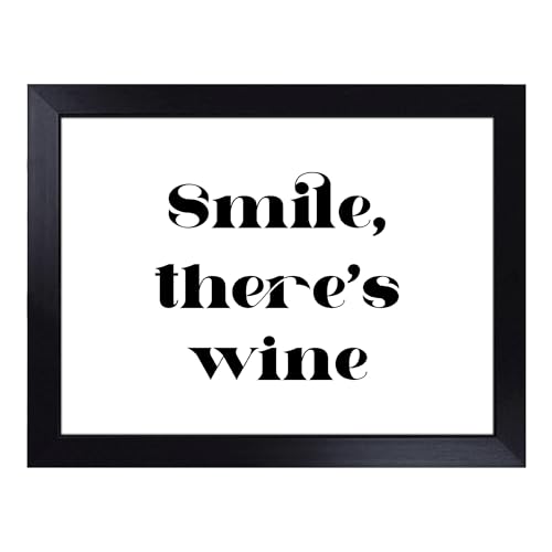 Lap Tray with Bean Bag Cushion, Smile There's Wine Typography Quote - Handmade in the UK, Raised Wooden Edge, Padded Cushion, Heat-Resistant Wipe-Clean Surface, for Meals, Laptops and Crafts