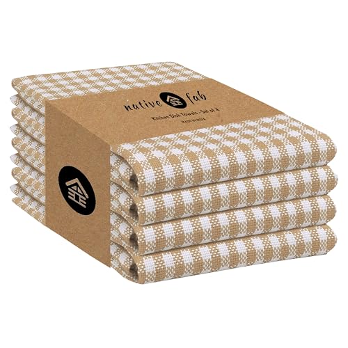 Native Fab 4-Pack Gingham Mini Check Tea Towel with Hanging Loop 38x63 cm, Cleaning Cloths, Bar Towels, Hand Towels, Soft & Absorbent Kitchen Towels for Fast Drying Glass & Plates, Beige White