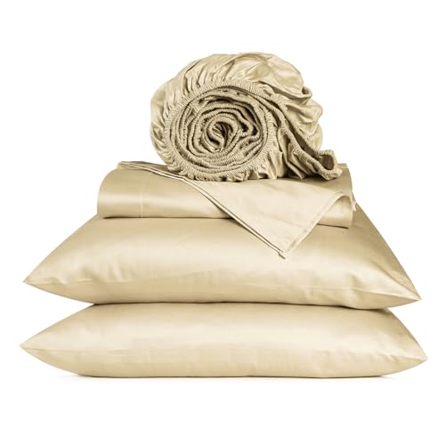 URBANHUT 100% Cotton Queen Size Bedding Sheets Set (4Pc), 800 Thread Count, Soft & Smooth Luxury Sateen Weave, Long Staple Cotton Hotel Sheets for Queen Size Bed, 16'' Elasticized Deep Pocket - Sand