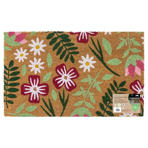 JVL Eco-Friendly Latex Backed Coir Entrance Doormat, 45x75cm - Flowers