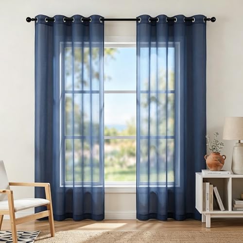 KOUFALL Navy Blue Curtains 96 Inches Long for Living Room 2 Panels Set Window Drapes Dark Navy Grommet Curtains Sheer for Bedroom Backdrop 52x96 Inch Length