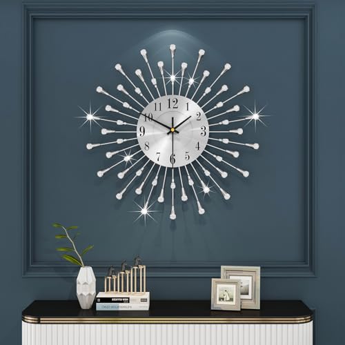 Fleble Large Wall Clock Battery Operated Modern Decorative Wall Clock Silent Non-Ticking 15 Inch Metal Crystal Round Clock for Living Room, Office, Kitchen, Bedroom, Farmhouse Home Decor