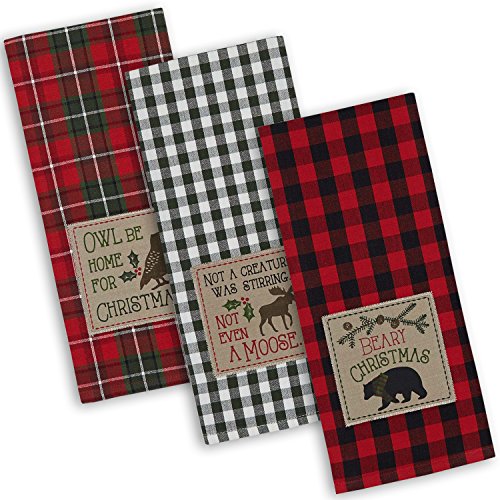 "DII Cotton Christmas Holiday Dish Towels, 18x28"" Set of 3, Decorative Oversized Embroidered Kitchen Towels, Perfect Home and Kitchen Gift-Cabin Christmas"