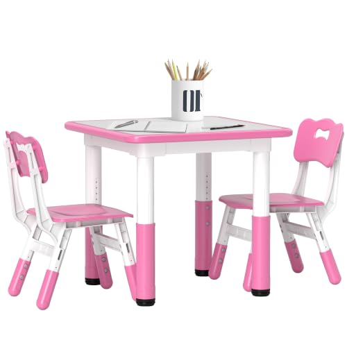 AIYAPLAY Kids Table and Chair Set Height Adjustable Easy to Wipe Pink - 3 Pcs Activity Table Set, with 2 Chairs, Arts & Crafts Desk, for Classrooms Daycares Homes