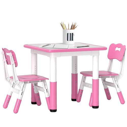 AIYAPLAY Kids Table and Chair Set, 3 Pcs Height Adjustable Activity Table Set with 2 Chairs, Easy to Wipe Arts & Crafts Desk, for Classrooms, Daycares, Homes - Pink