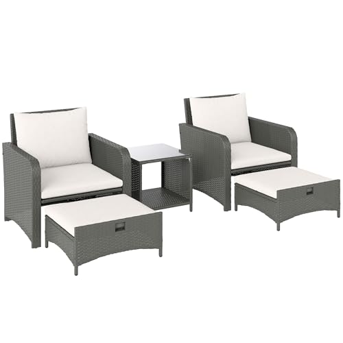 Outsunny 5 Piece Rattan Garden Furniture Set, Wicker Patio Conversation Set with 2 Chairs, 2-Tier Coffee Table, 2 Ottomans and Thick Cushions for Outdoor, Balcony, Bistro, Porch, Cream White