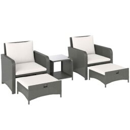Outsunny 5 Piece Rattan Garden Furniture Set, Wicker Patio Conversation Set with 2 Chairs, 2-Tier Coffee Table, 2 Ottomans and Thick Cushions for Outdoor, Balcony, Bistro, Porch, Cream White