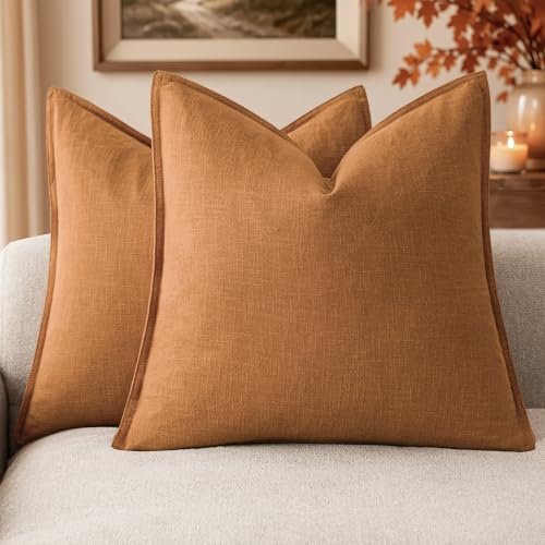 Foindtower Set of 2, Decorative Linen Soild Throw Pillow Covers Soft Accent Euro Cushion Case Boho Farmhouse Pillowcase for Chair Couch Sofa Bedroom Living Room Home Decor 20 x 20 Inch Autumn Orange