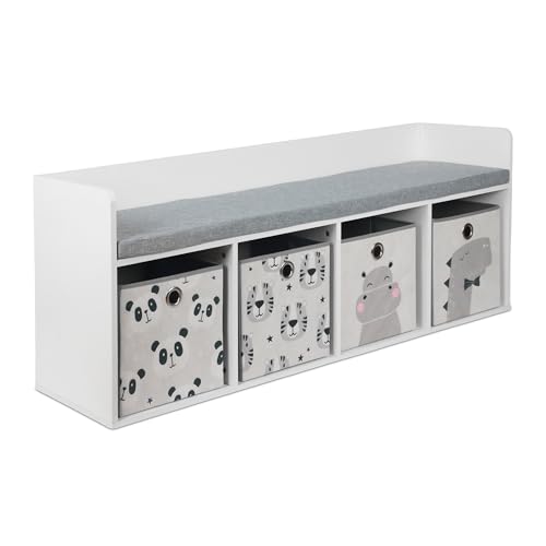 Relaxdays children's storage bench, HxWxD: 54 x 142 x 32 cm, reading seat with 4 boxes, animal designs, white/grey.