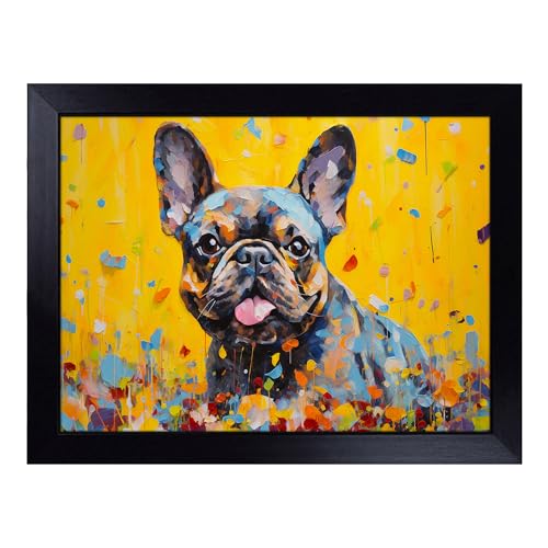 Lap Tray with Bean Bag Cushion, French Bulldog Expressionism - Handmade in the UK, Raised Wooden Edge, Padded Cushion, Heat-Resistant Wipe-Clean Surface, for Meals, Laptops and Crafts