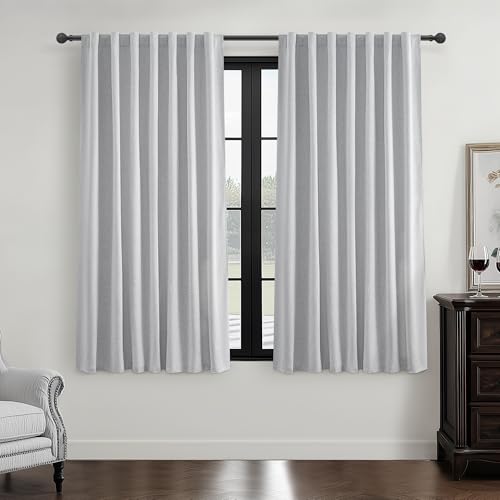 "Light Grey 100% Blackout Curtains 54 Inches Long 2 Panels Set, Short Linen Heat Blocking Drapes 54 Inch Small Window Decor for Kitchen Bedroom Bathroom Thermal Insulated Textured Hook Belt(W50""xL54"")"