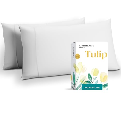 Carressa Linen 800 Thread Count Egyptian Cotton Pillow Cases, White King Pillowcase Pair, Longstaple Pure Natural Cotton Pillows for Sleeping, Soft & Silky Sateen Weave Bed Pillow Cover