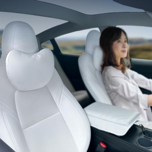 BlissfulNest Nappa Leather Car Seat Headrest Neck Pillow for Tesla Model Y, Model 3, Model X, Model S. Height Adjustable, Thickness Adjustable. (White)