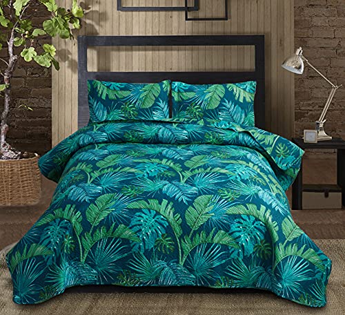 Tropical Green Palm Tree Leaf Print Bedspread Set - Queen Size Reversible Quilts with Pillow Shams