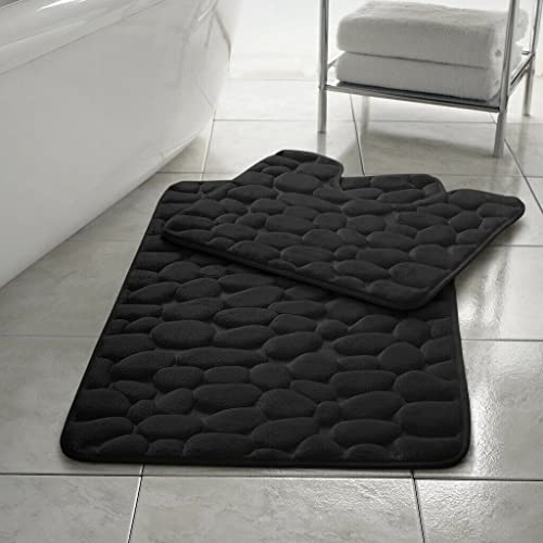 Homespace Direct Pebbles Non- Slip Memory Foam Bath Mat / Toilet Mat Set Pebbles Non- Slip Black