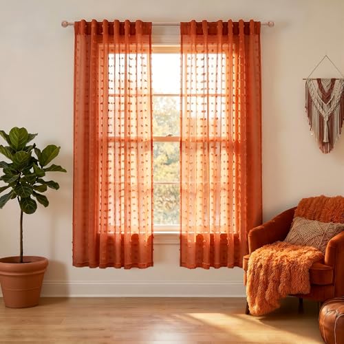 KOUFALL Bohemian Sheer Curtains 63 Inches for Kids Room Bedroom 2 Panels Faux Butterfly Pom Pom Sheer Curtains Orange