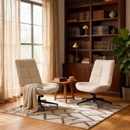 MEUBLE COSY Lounge Chair Swivel Set of 2, Modern Recliner with Adjustable Backrest, Living Room Armchair Height Adjustable, Soft Fabric, Metal Legs, Beige