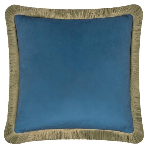 furn. Halo Fringed Velvet Cushion Cover (Petrol/Sage - 50x50cm) - Soft Colour Block Contrasting Trim Luxury Decorative Case
