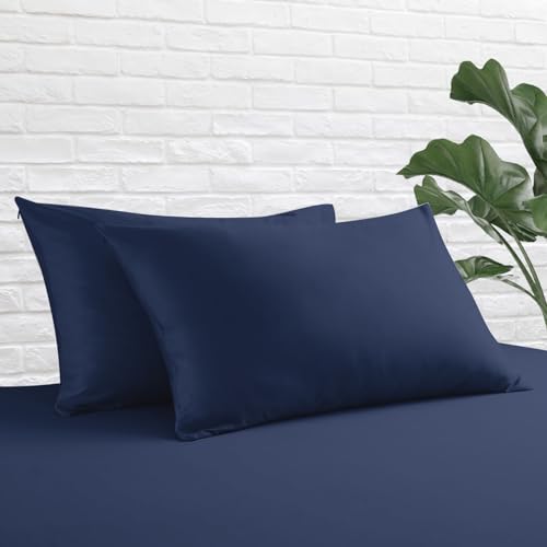 Standard Pillow Protector Set of 2, 100% Egyptian Cotton Cases With Zipper, 400 Thread Count Sateen Weave, Navy Blue, Standard Size Covers for Home/Hotel
