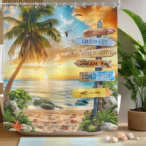 "Ocean Beach Tropical Coastal Sunset Positive Bathroom Shower Curtain Set - 72""W x 72""H Quotes Palm waterproof HD print, quick-dry fabric with 12 free hooks for easy hanging."