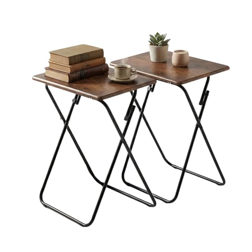 FurnitureR Folding Tables Foldable TV Tray Dinner Snack Trays Set of 2, Industrial Style Sofa Bedside Tables with X-Frames, Small Laptop Table in wood,2pcs, Brown