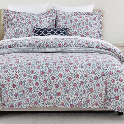"DAUAOTO King Size Patterned Duvet Cover Set - 104""x90"" Cover + 2 Shams, 100% Cotton Printed Bedding Sets, Country Rustic Floral Pattern"