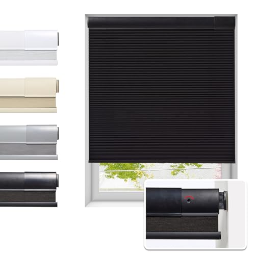 "Tonature No Drill Cellular Shades for Indoor Windows, Thermal Insulating & Noise Reducing Honeycomb Blinds, Free Stop Cordless Blackout Shades, Black, 25"" W x 64"" H"