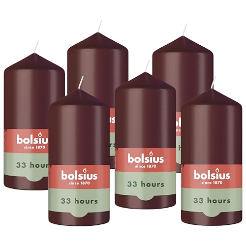 Bolsius - Smooth Pillar Candle - Bordeaux - 12 cm - 6 Pieces - Decorative Candles – Contains Natural Plant-Based Wax – Without Palm Oil