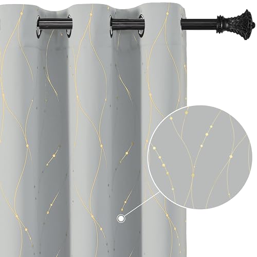 BUHUA Gold Blackout Curtains 63 Inches Long, Foil Print Wave Pattern Room Darkening Curtain, Living Room Curtains & Drapes, Thermal Insulated Window Panel Set, 52 x 63 Inch, Silver Grey