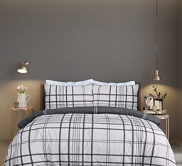 Sleepdown 100% Pure Cotton Check Natural Black Reversible Duvet Cover Quilt Pillow Cases Bedding Set Soft Easy Care - King (230cm x 200cm)