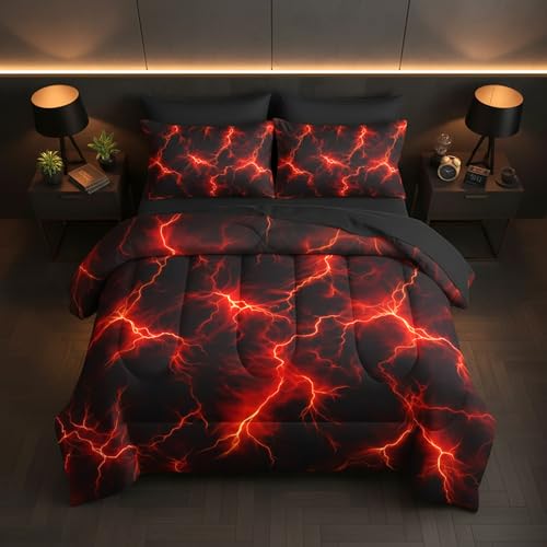 QOOMO Red Lighting 7 Pieces Comforter Set Twin Size,Starry Sky Bedding Set for Kids Teens Boys-Include 1 Comforter,1 Fitted Sheet,1 Flat Sheet,2 Printing Pillowcases and 2 Black Pillowcases