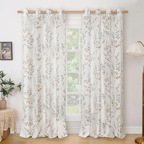 BGment Linen Patterned Curtains 95 Inch Length 2 Panels, Long Curtains for Living Room, Light Filtering Privacy Window Curtains & Drapes Print Floral Leaf, Each 52 Inch Wide, Brown